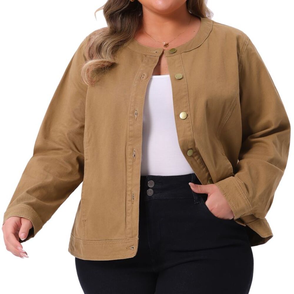 Women Plus Size Denim Jacket Collarless Shacket Jean Jackets Brown